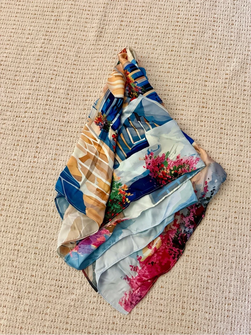 Souvenir Scarf Depicting a Mediterranean Street Scene. NWOT